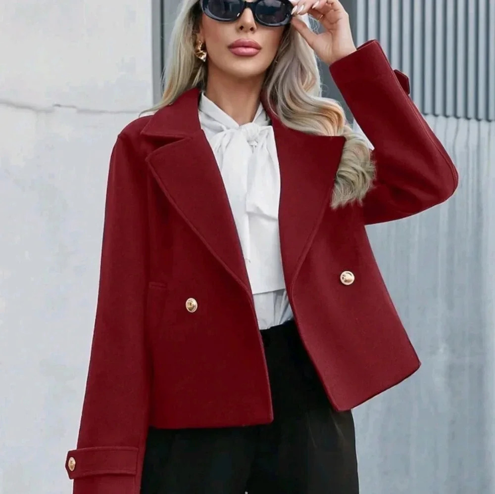 Solid Color Turndown Collar Double-Breasted Long Sleeve Short Casual Knitted coa